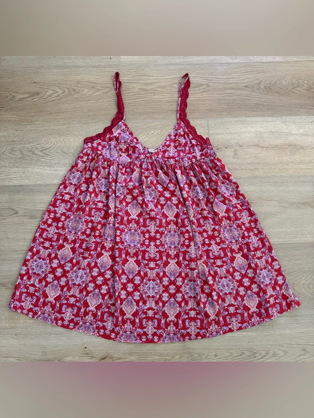 Intimately Free People Red Floral Babydoll Cami Tank Lace Trim XL